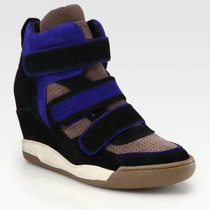 Women Black Blue Color-Block Suede Wedge Sneakers